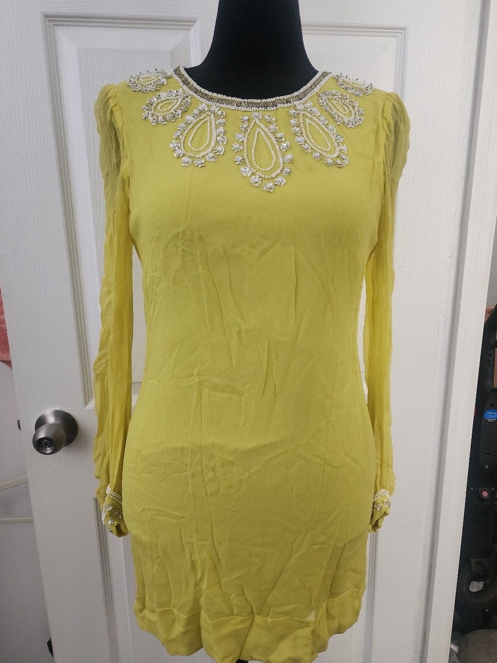 French Connection Yellow Long-Sleeve Beaded Neckline Dress